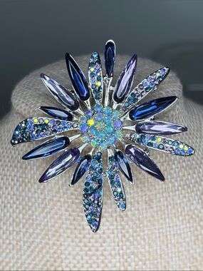 Sparkling Blue Crystal Starburst Brooch - Women's Jewelry